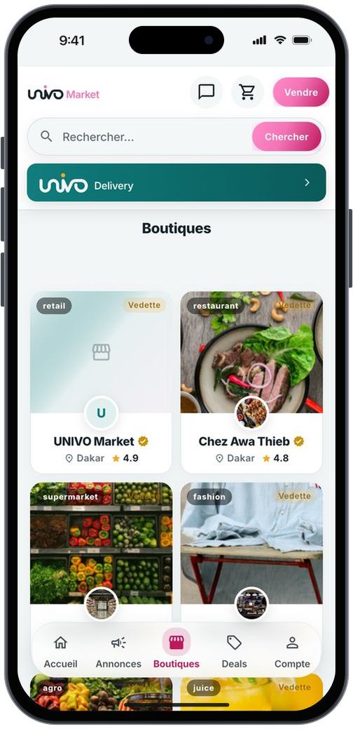 UNIVO Market, boutiques vérifiées